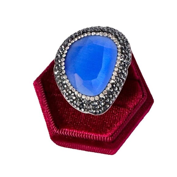 NEW ZSA ZSA Cocktail Ring Blue Cat's Eye Swarovski Adjustable Sterling Silver - Picture 2 of 10